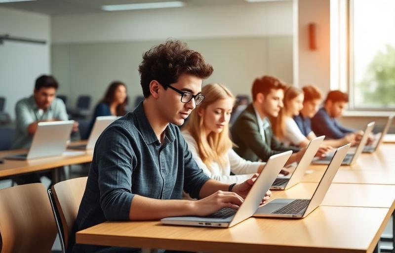 Estudantes usando notebooks em sala de aula moderna