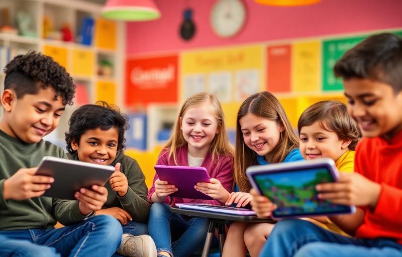 Crianças sorrindo enquanto usam tablets educativos